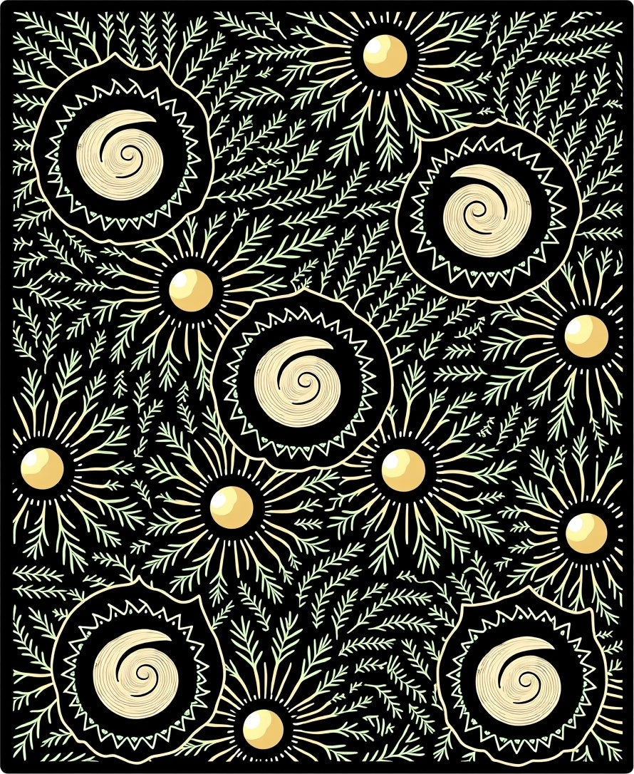 Black Golden Sunburst Fern Swirl Rug