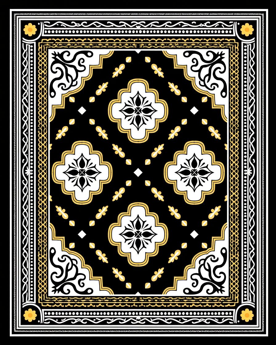 Black Yellow White Medallion Frame Rug