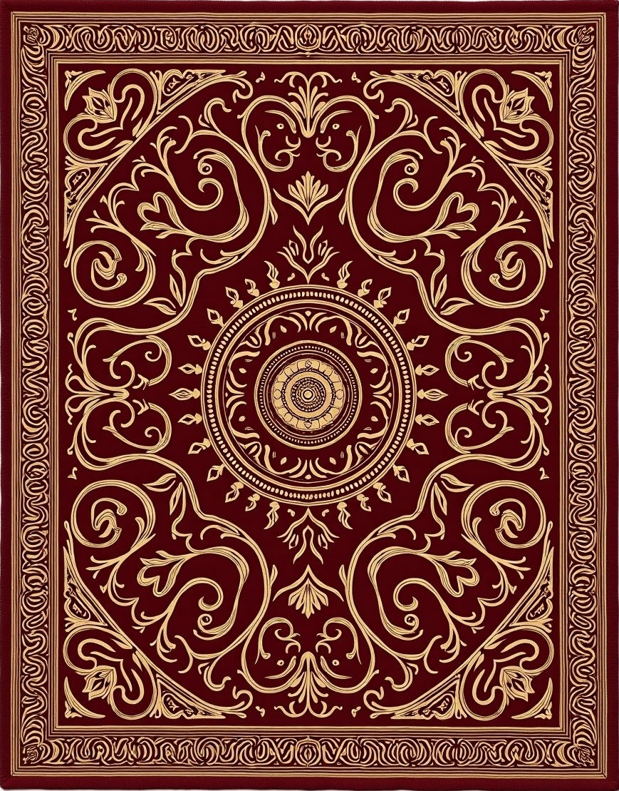 Rich Crimson Golden Floral Medallion Rug