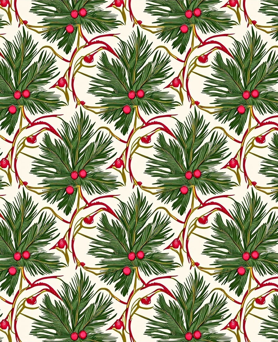 Red Berry Evergreen Branch Repeating Rug