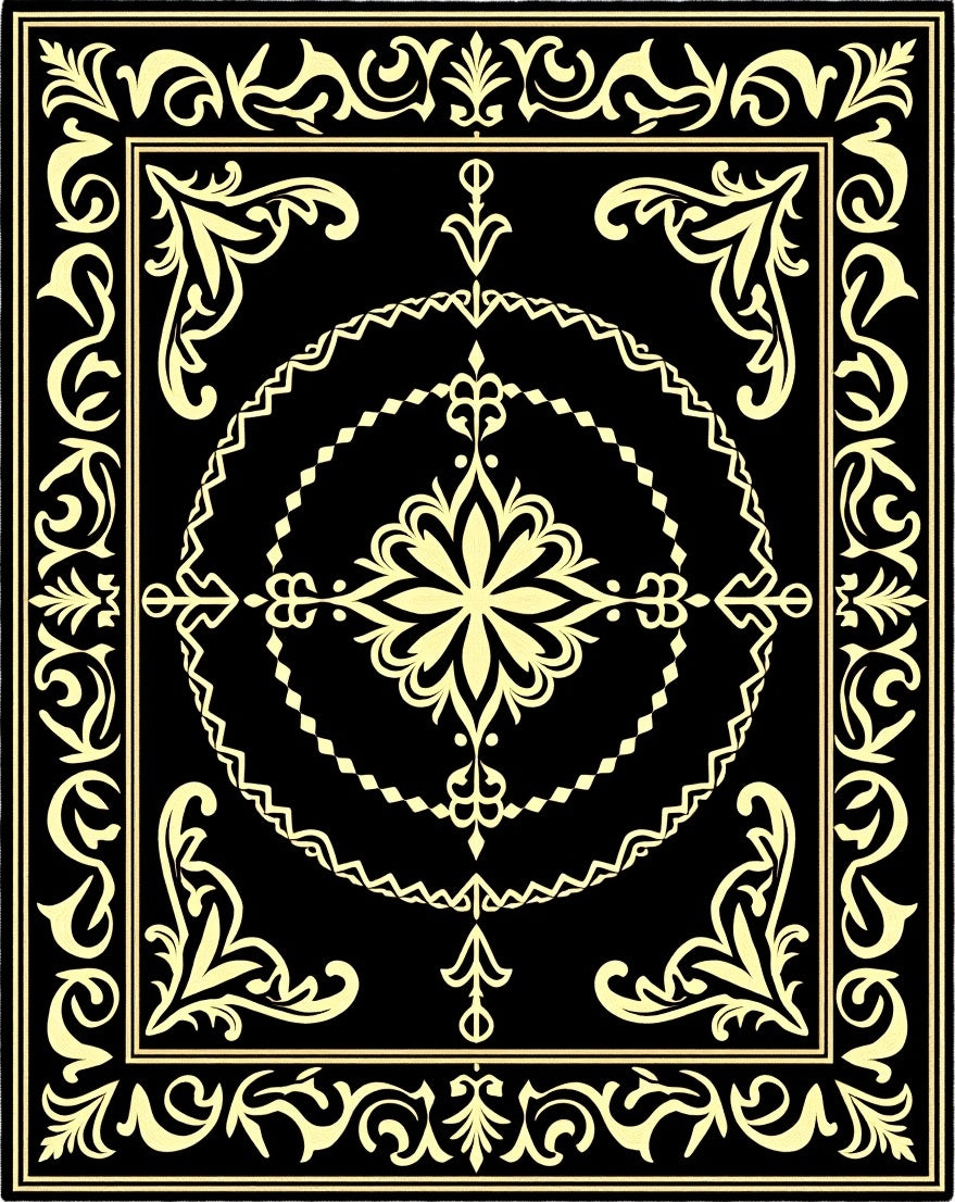Ornate Golden Floral Medallion Black Rug
