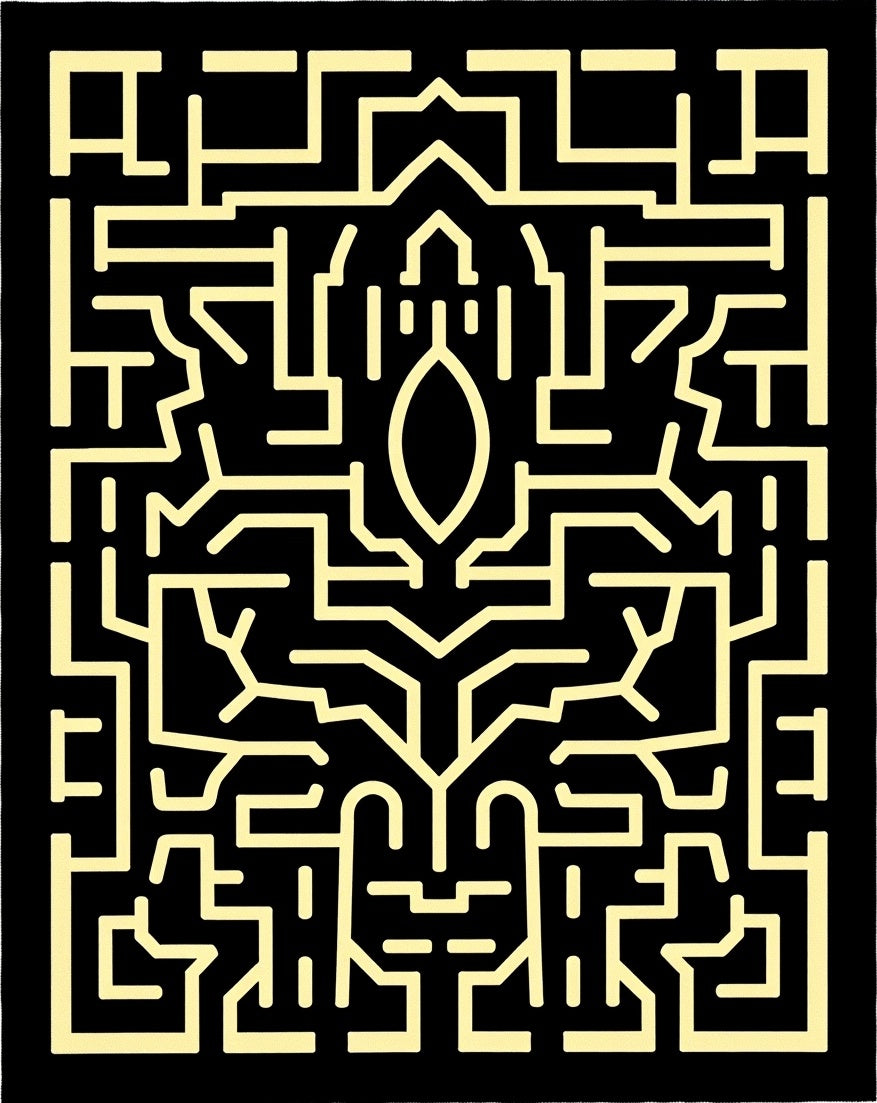 Black Yellow Abstract Maze Geometric Rug