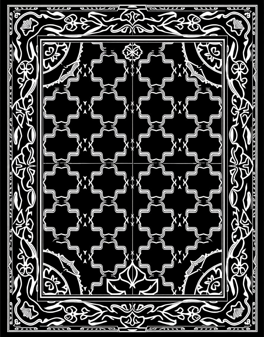 Bold Black White Geometric Scroll Rug