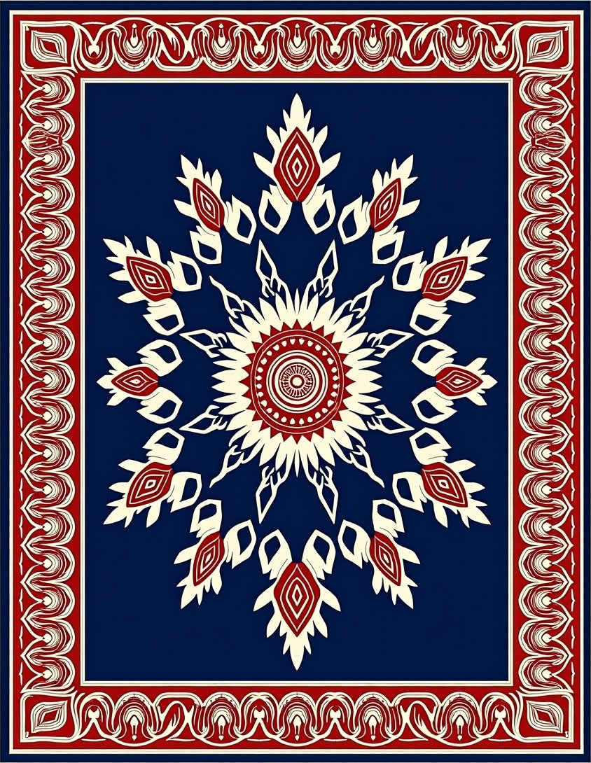 Bold Red Sunburst Mandala Border Rug