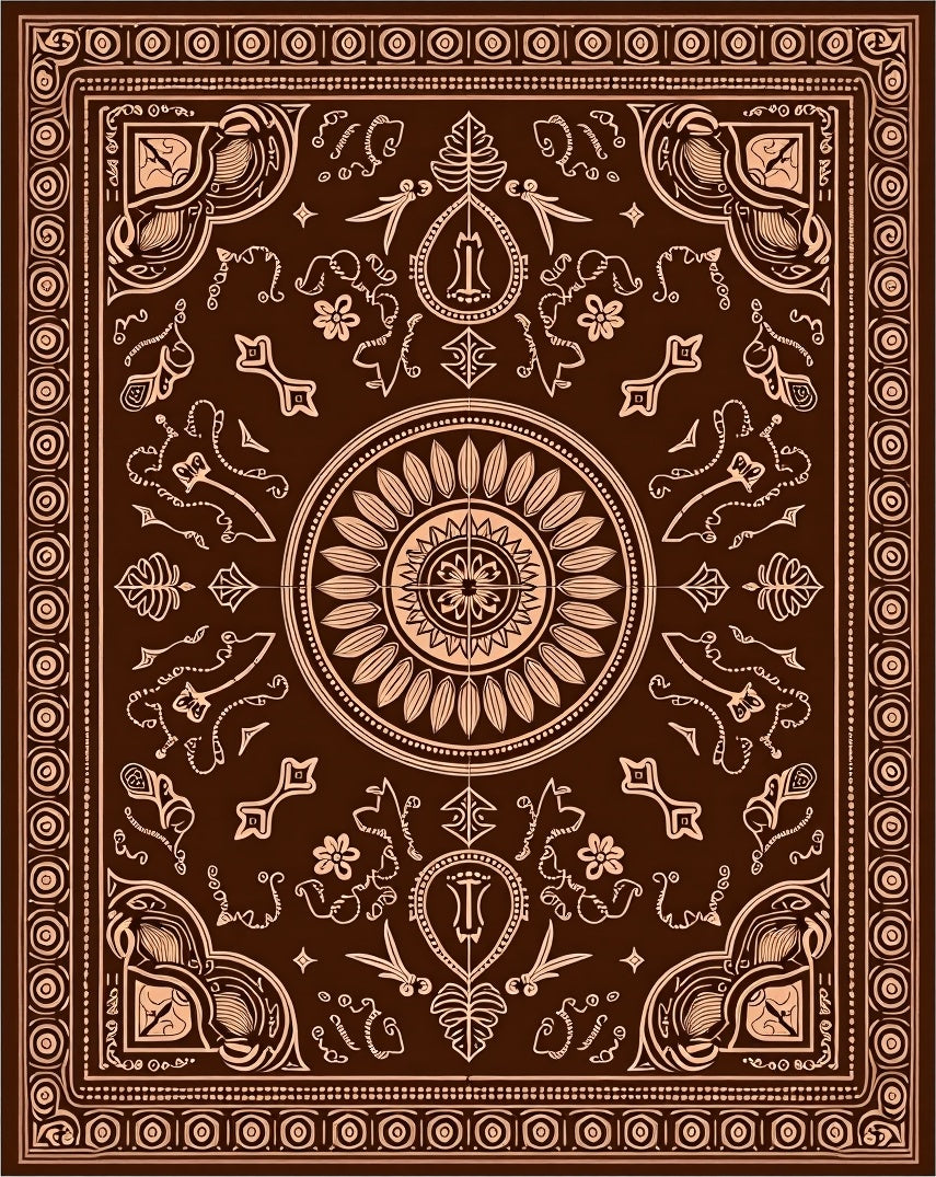 Dark Brown and Tan Sunburst Medallion Border Rug