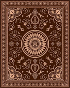 Dark Brown and Tan Sunburst Medallion Border Rug