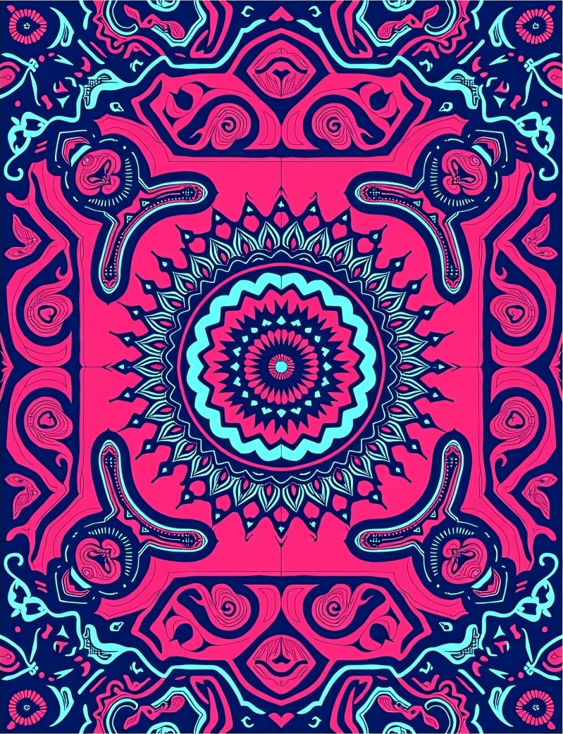 Vibrant Pink Cyan Mandala Swirl Rug