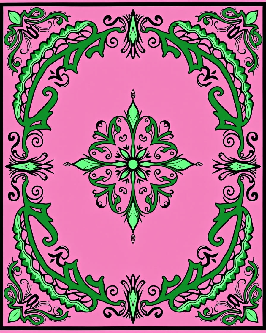 Pink Green Scrollwork Medallion Rug
