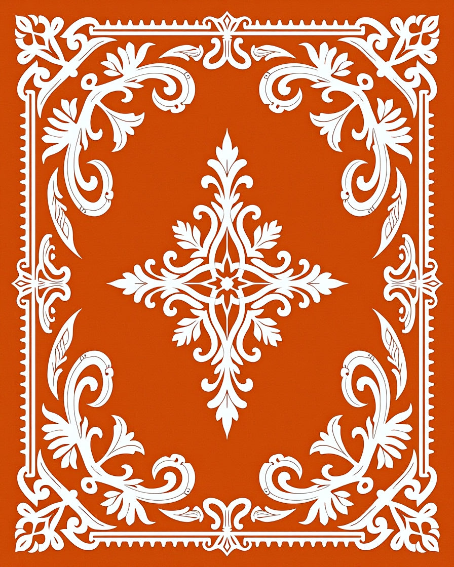 Burnt Orange White Floral Medallion Border Rug