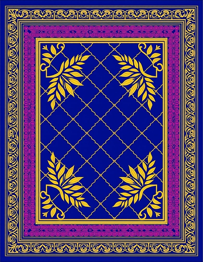 Rich Blue Golden Leaf Border Rug