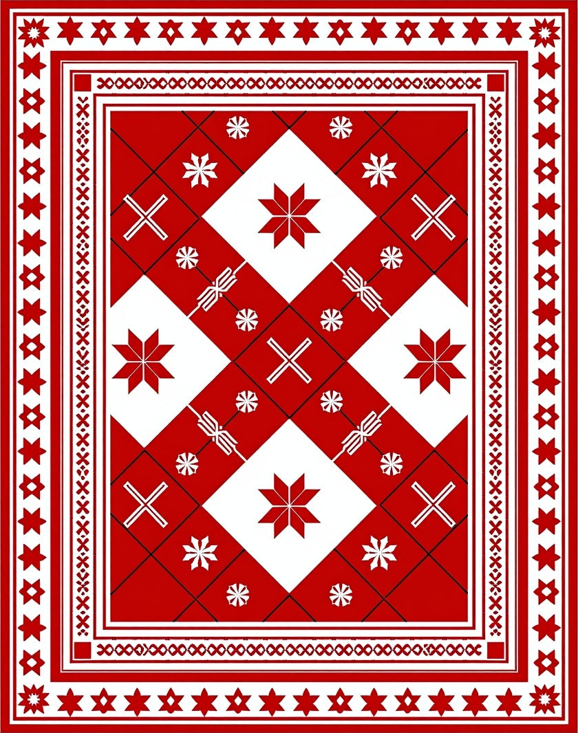 Bold Red White Geometric Star Rug