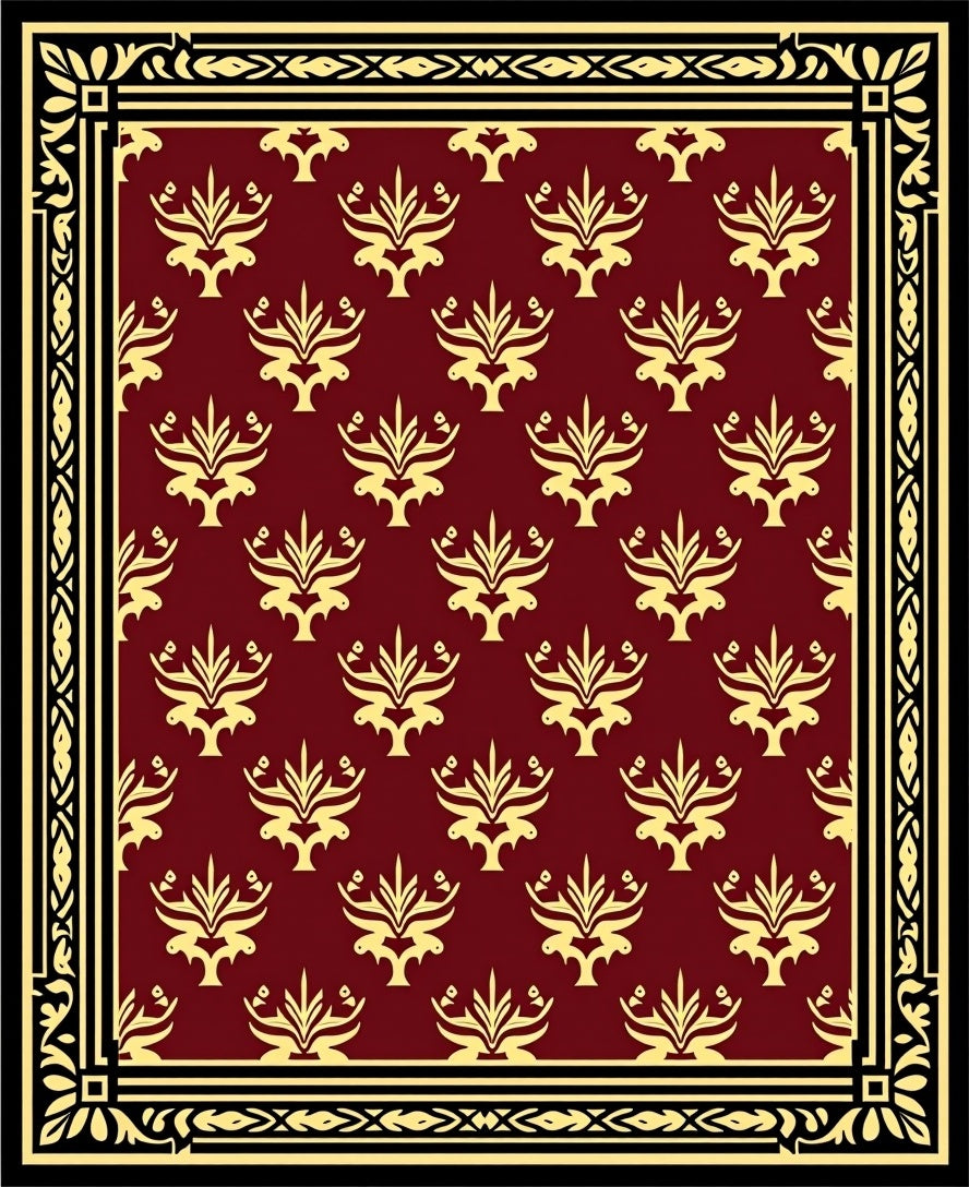 Regal Golden Floral Crested Maroon Rug