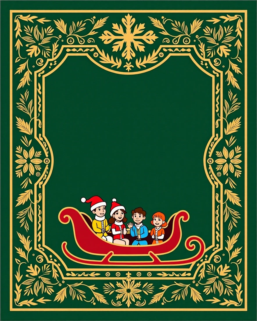 Festive Green Gold Sleigh Children Border Rug
