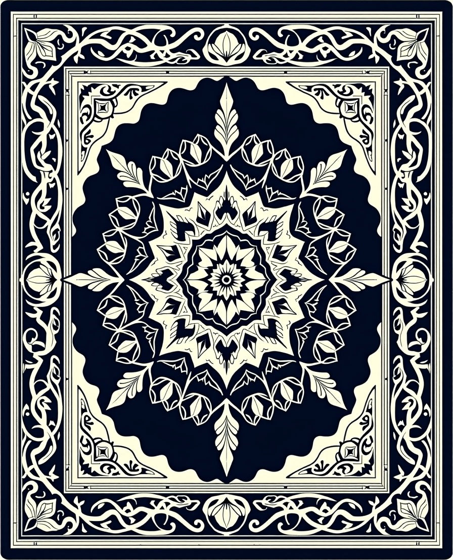 Dark Blue Floral Medallion Manor Rug