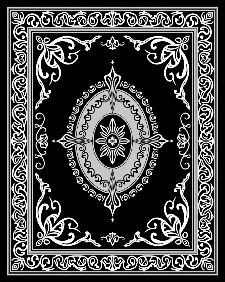 Black White Ornate Floral Mandala Rug