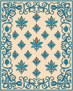 Teal Orange Floral Scroll Frame Rug