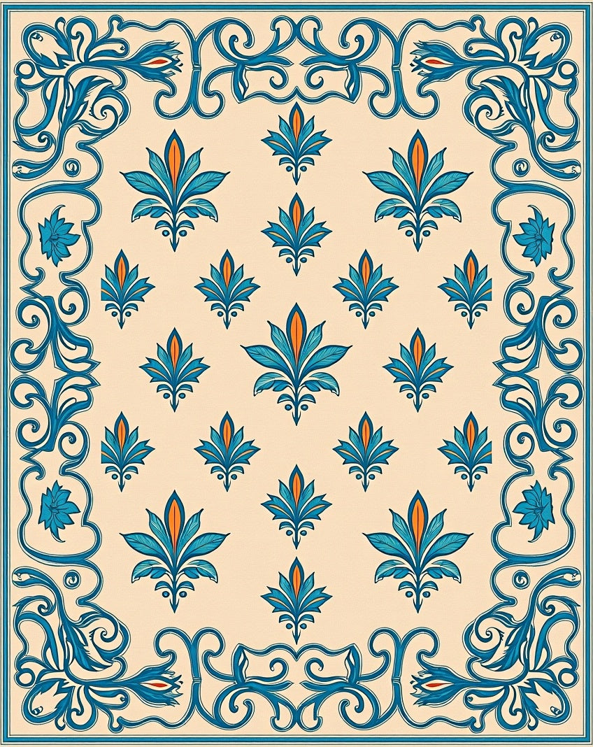 Teal Orange Floral Scroll Frame Rug