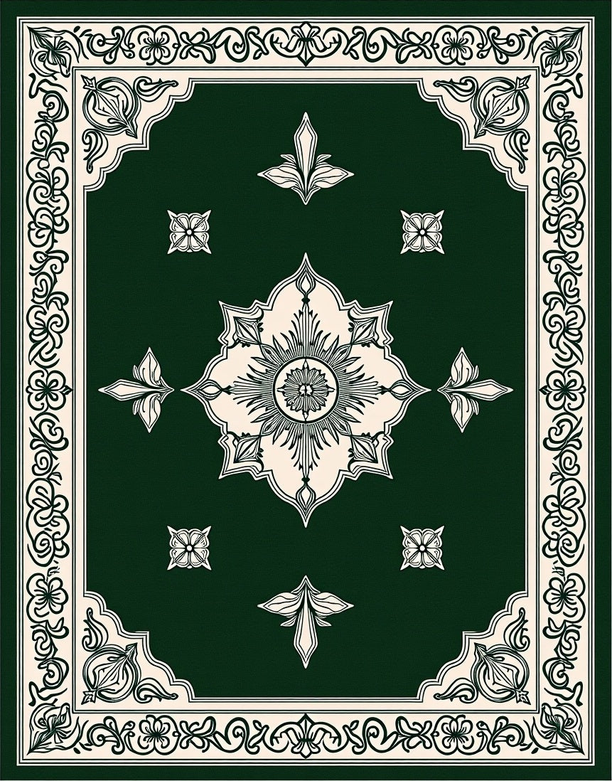 Forest Green Cream Floral Medallion Border Rug