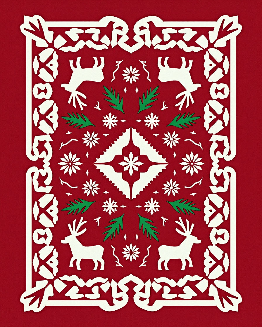 Crimson Reindeer Snowflake Festive Border Rug