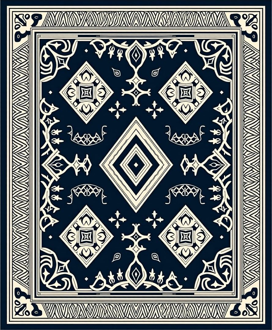 Navy Ivory Geometric Medallion Banded Rug