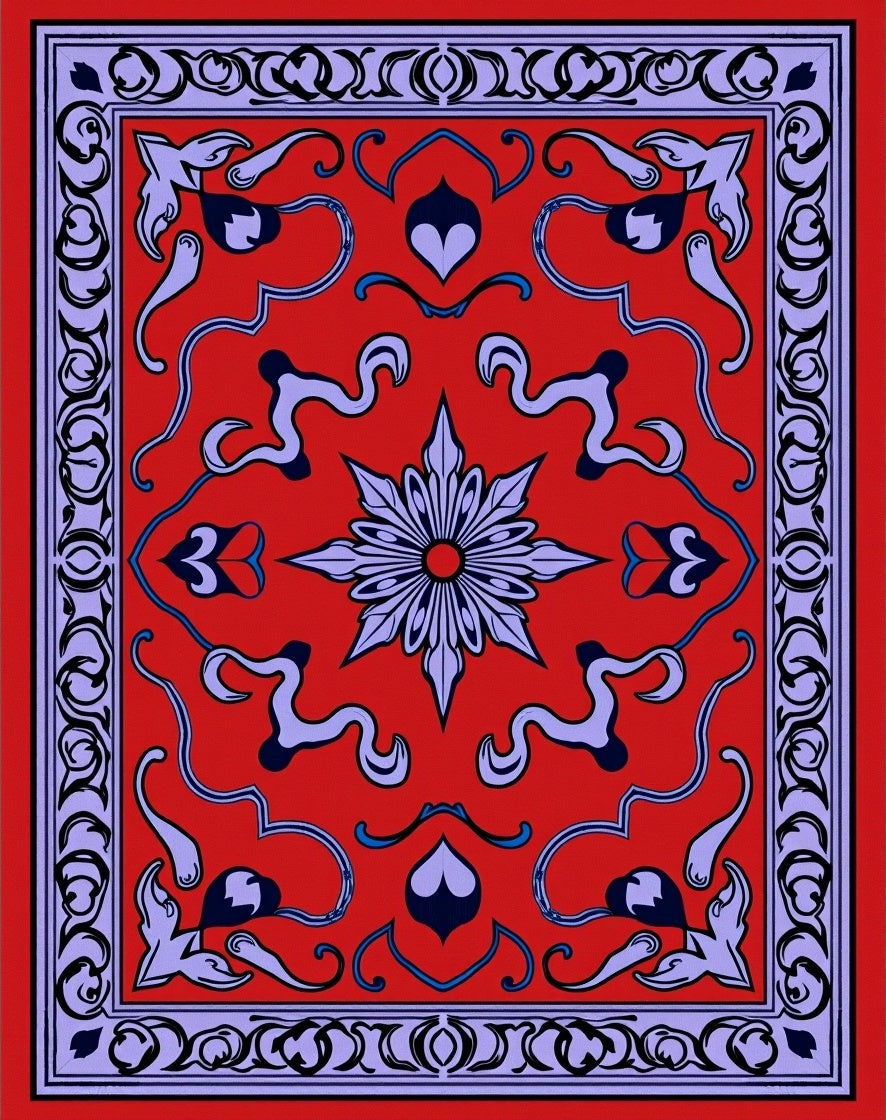 Crimson Indigo Floral Starburst Border Rug