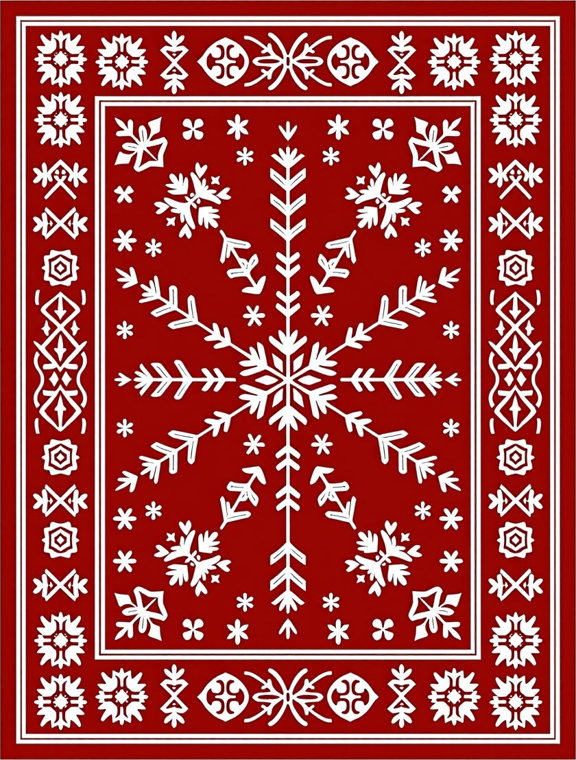 Crimson Snowflake Folk Art Rug