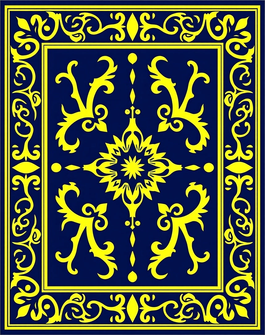Navy Blue Golden Floral Medallion Rug
