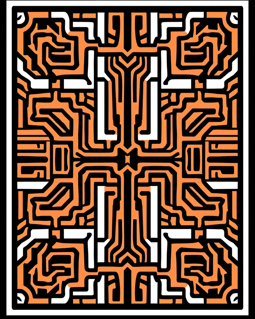 Orange Black White Circuit Maze Rug