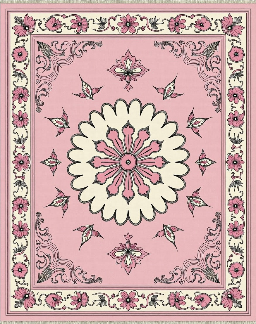 Rose Pink Floral Medallion Border Rug