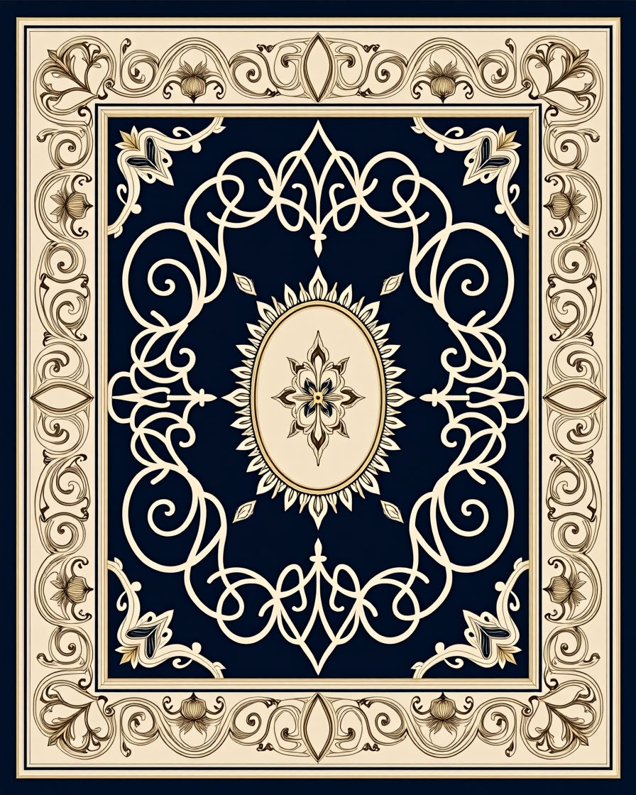 Elegant Navy Cream Floral Medallion Rug