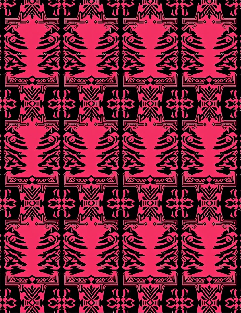 Bold Pink Black Tribal Tree Arrangement Rug