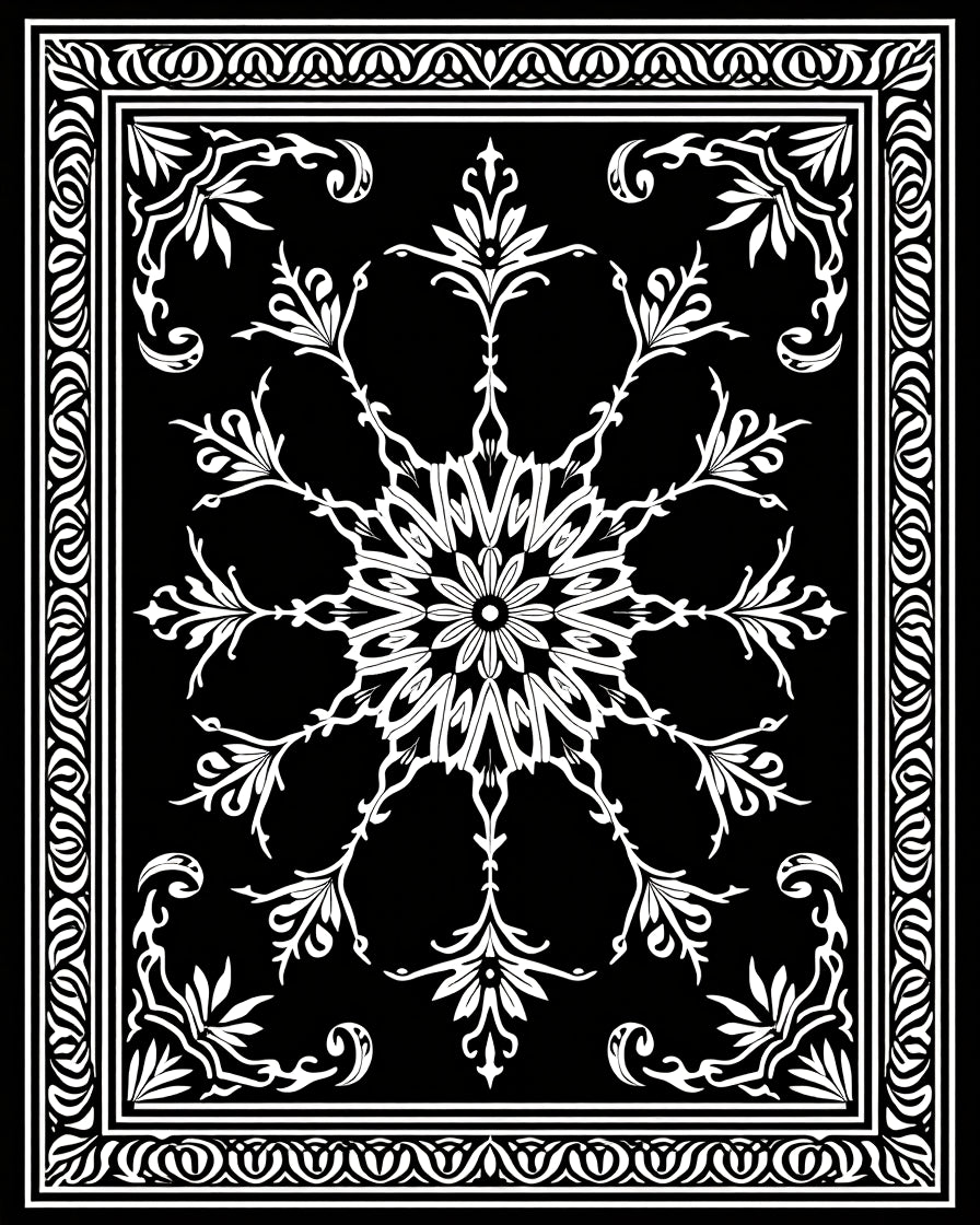 Black White Ornate Floral Mandala Rug