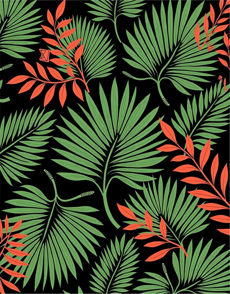 Green Red Tropical Leafy Botanicals Rug