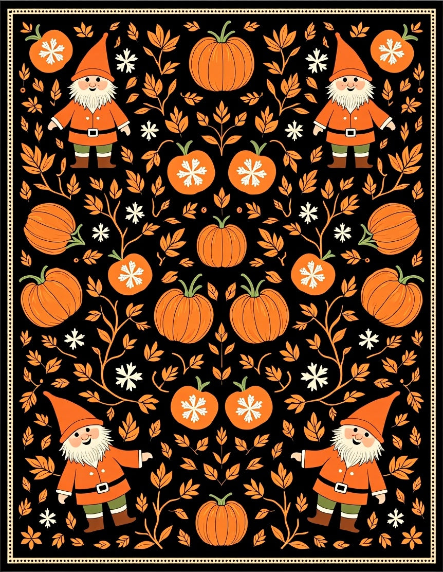 Whimsical Gnome Pumpkin Floral Black Rug