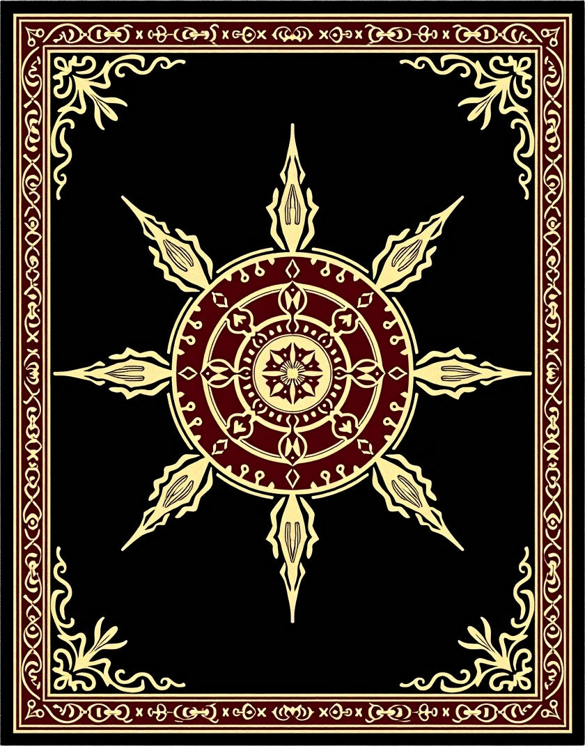 Burgundy Sunburst Medallion Frame Rug