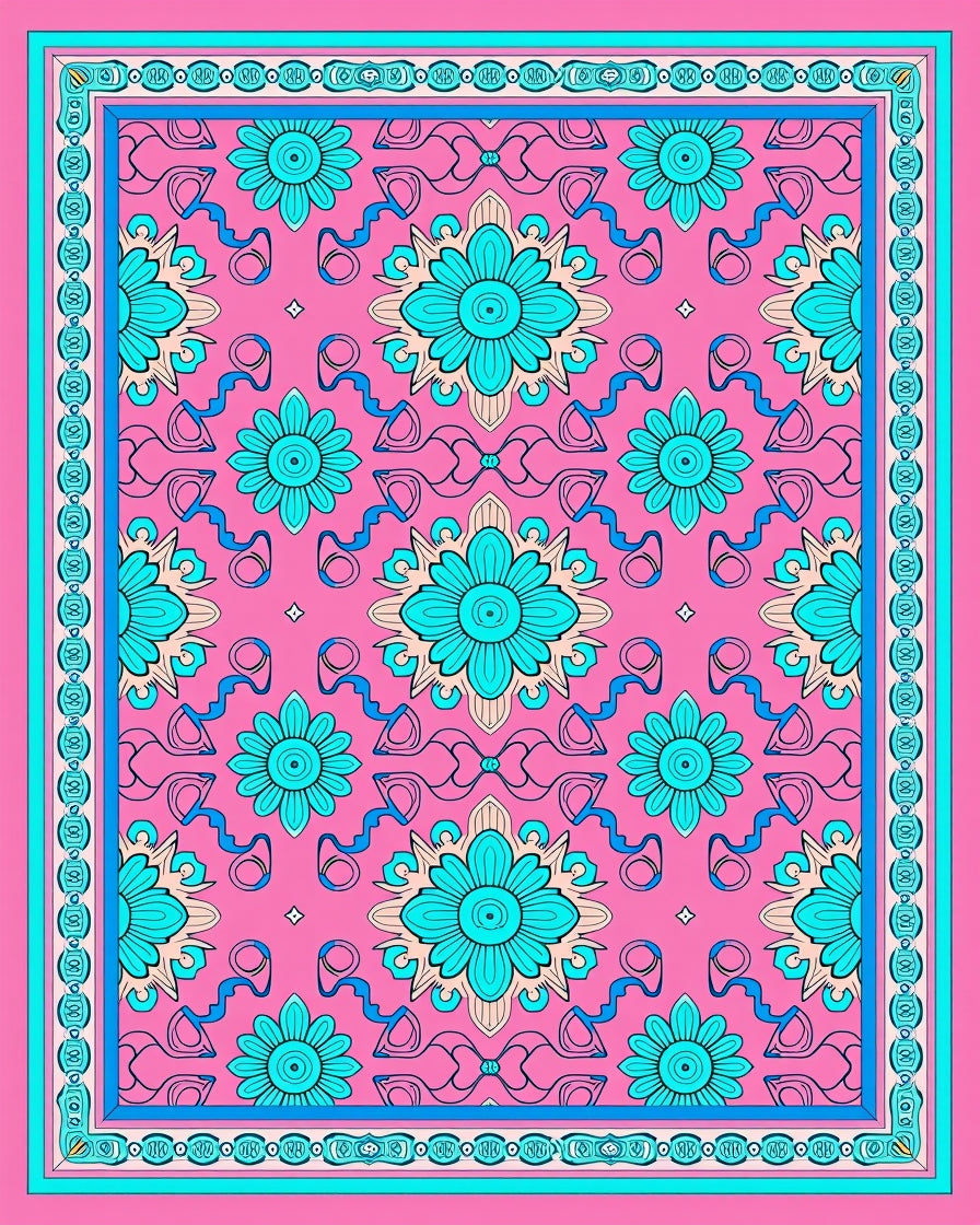 Pink Teal Floral Medallion Border Rug