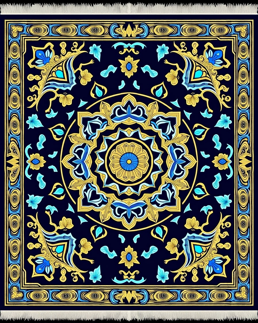 Ornate Blue Gold Floral Medallion Rug