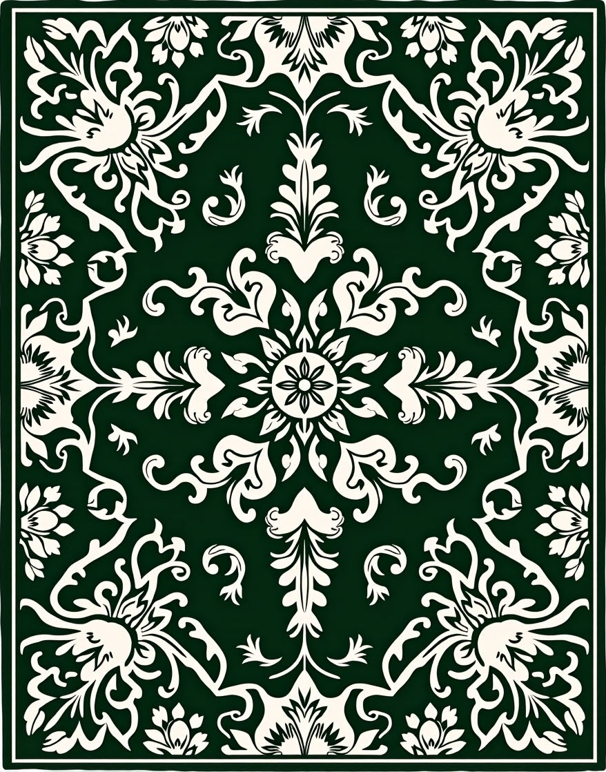 Dark Green and Cream Acanthus Scroll Rug
