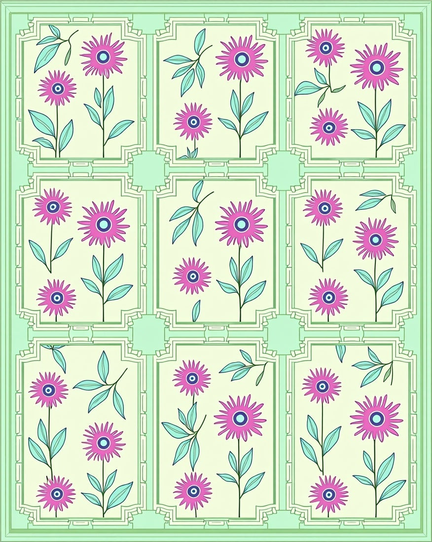 Pink Floral Frames Mint Green Rug