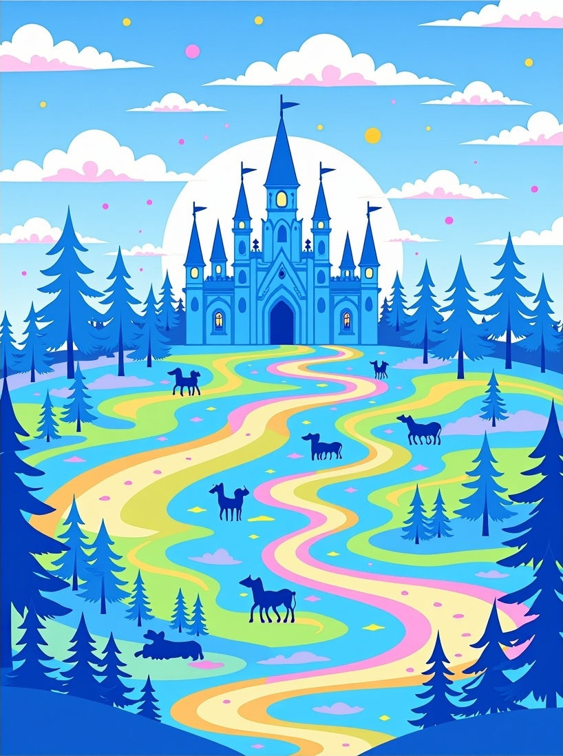 Whimsical Blue Castle Rainbow Path Rug
