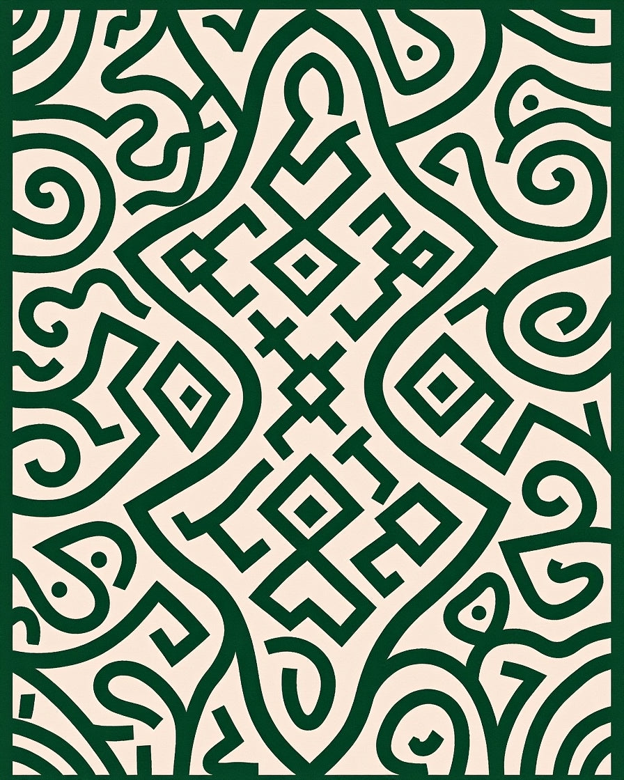 Deep Green Scrollwork Geometric Relief Rug