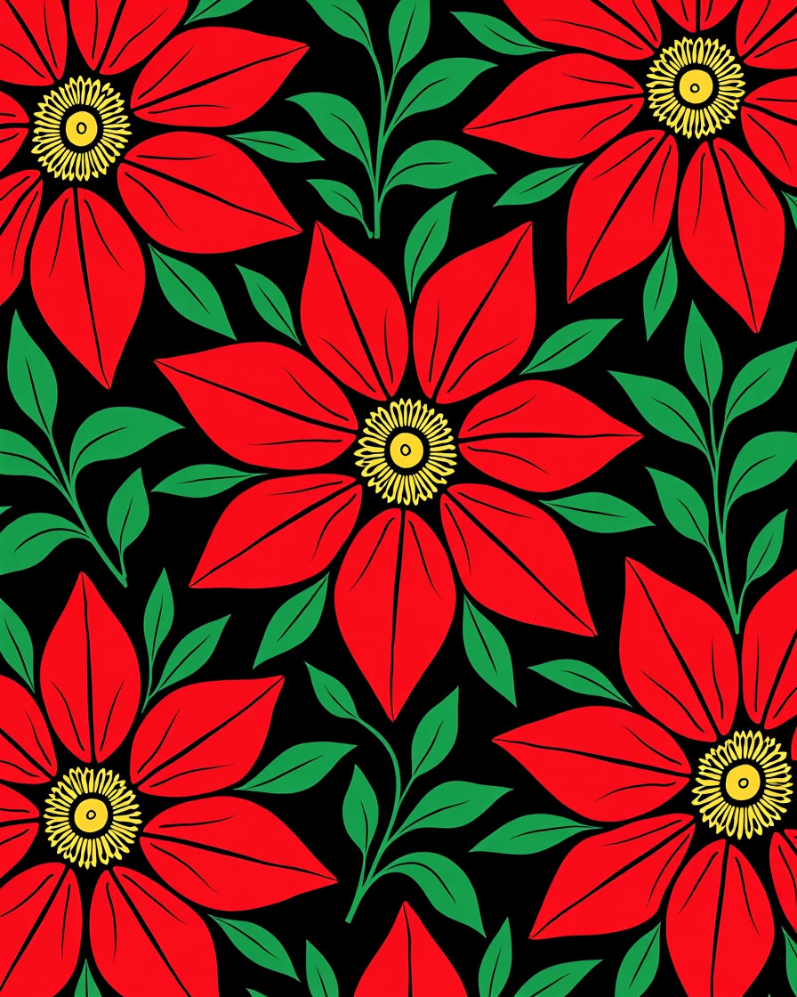 Vivid Red Floral Botanical Black Rug