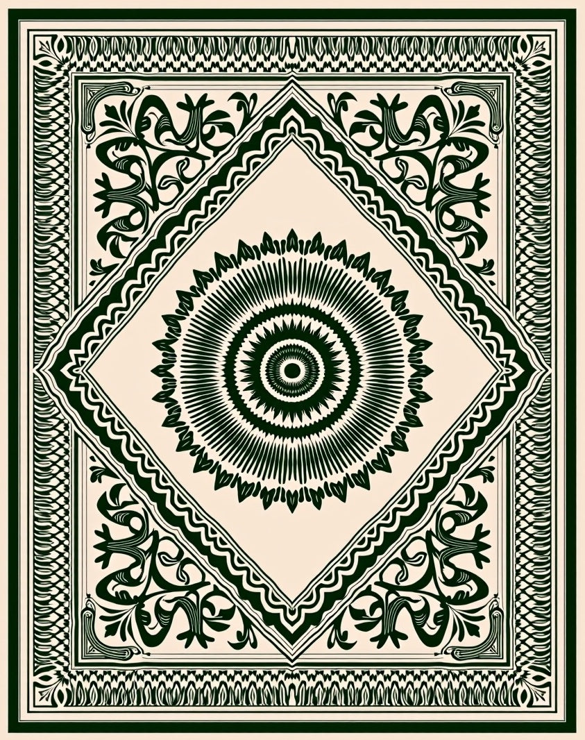 Dark Green Sunburst Mandala Ivory Rug