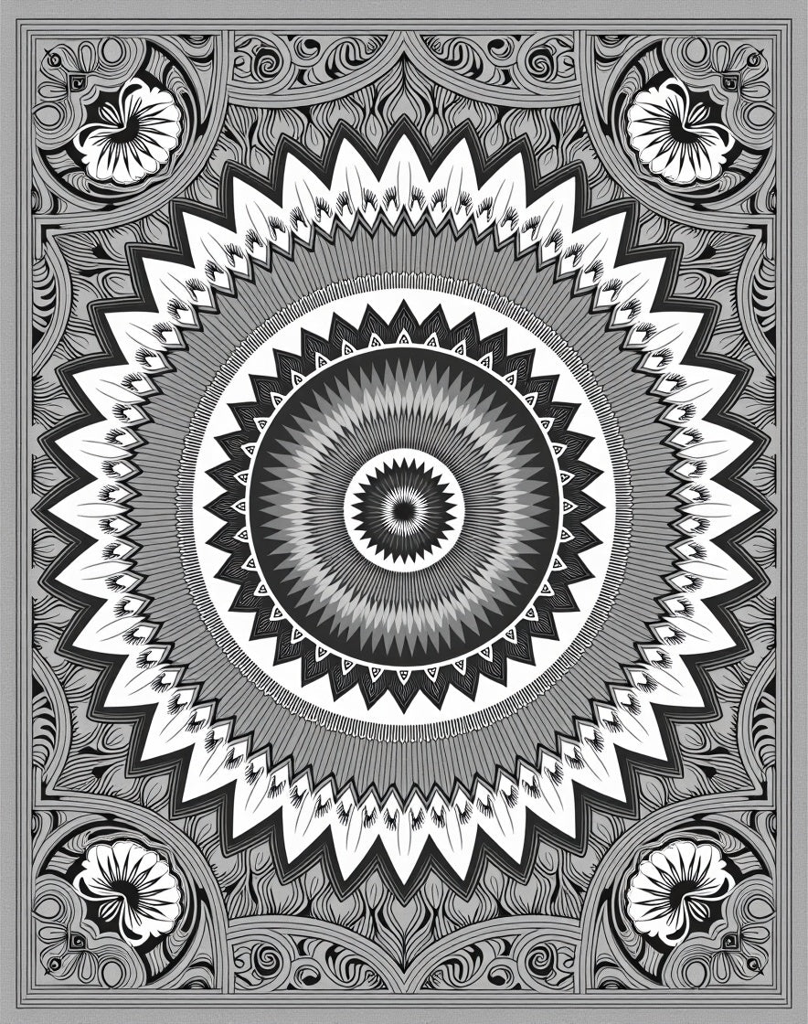 Monochromatic Floral Medallion Mandala Rug