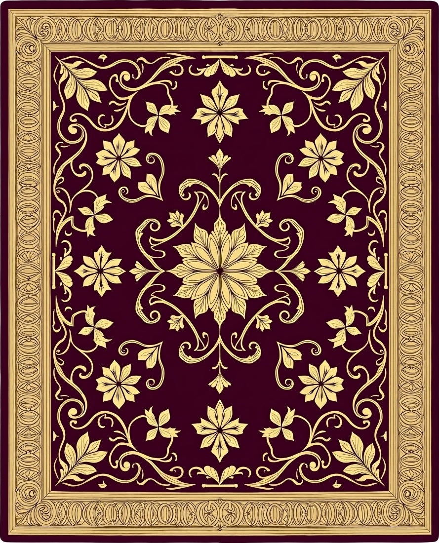 Deep Red Golden Floral Scroll Rug