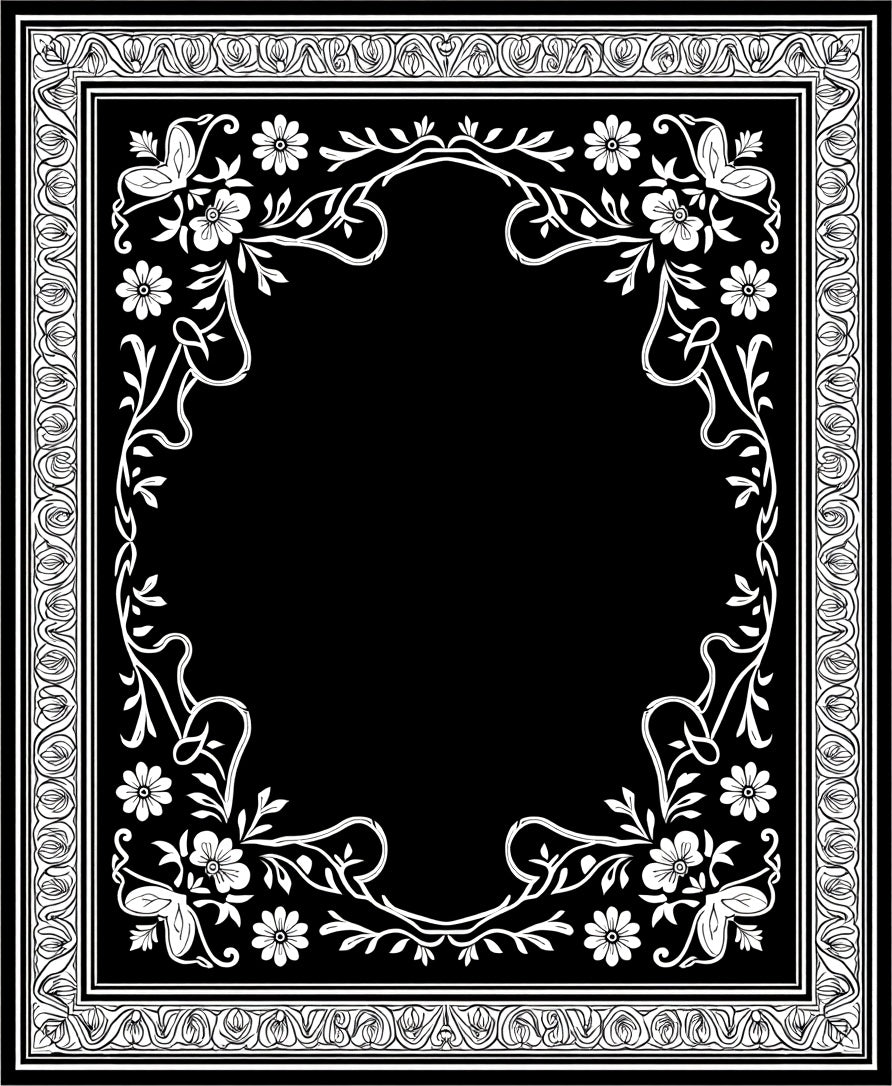 Ornate Black White Floral Garden Frame Rug