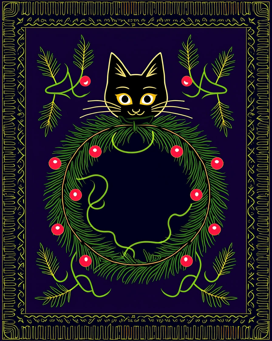 Black Cat Wreath Holiday Card Rug