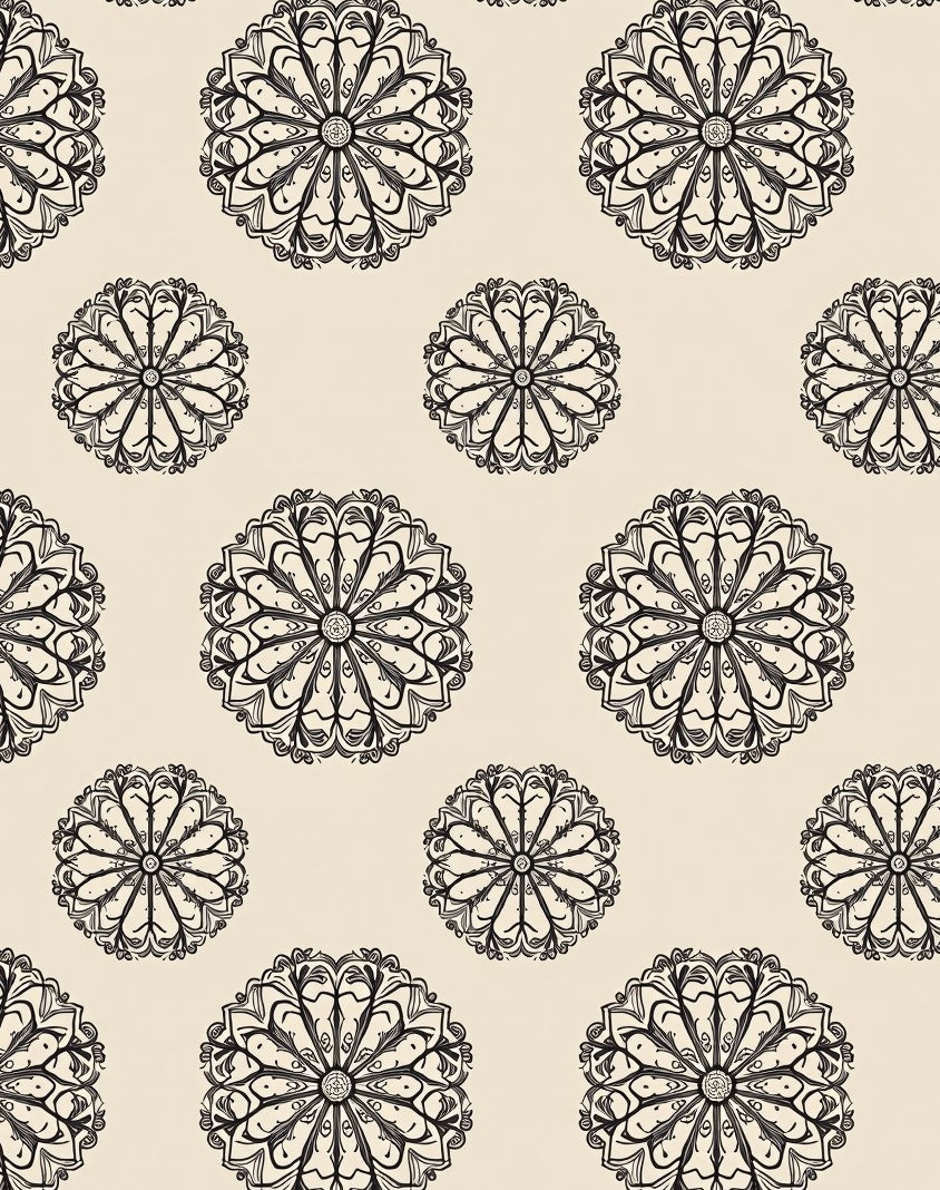 Cream Black Vintage Floral Mandala Rug