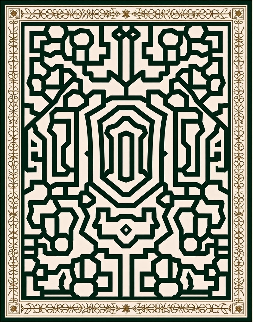 Geometric Dark Green Lattice Border Rug