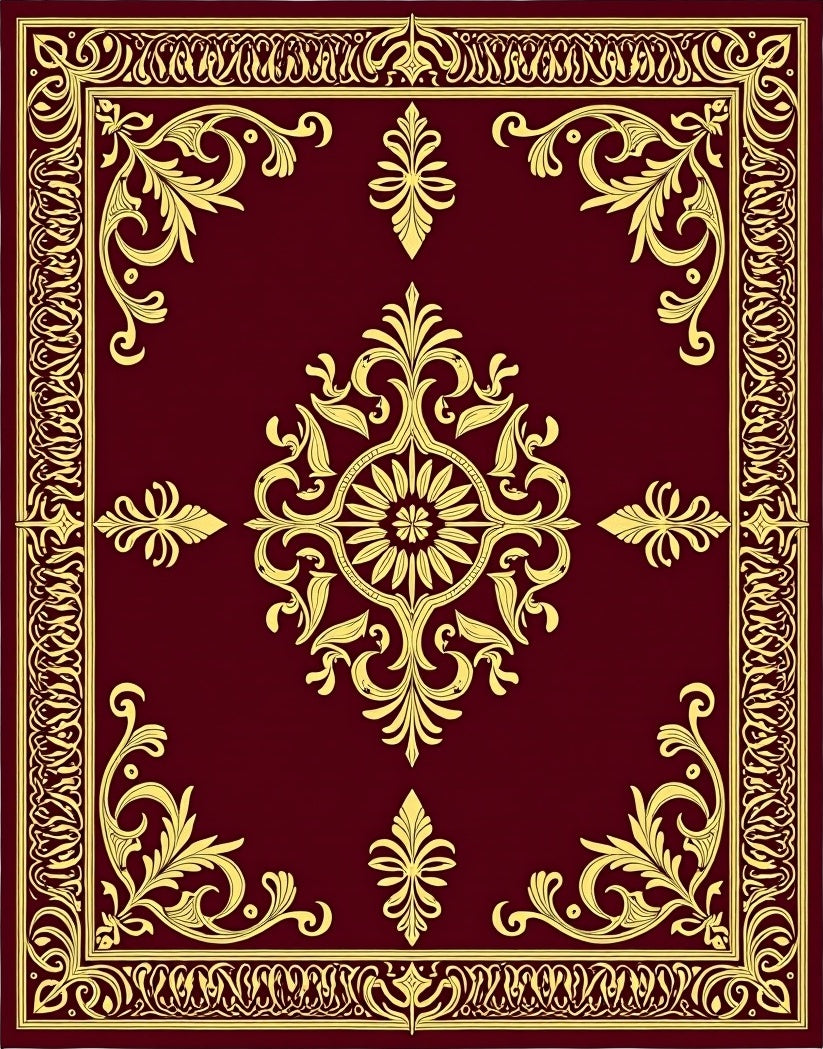 Dark Red Gold Ornate Scroll Medallion Rug